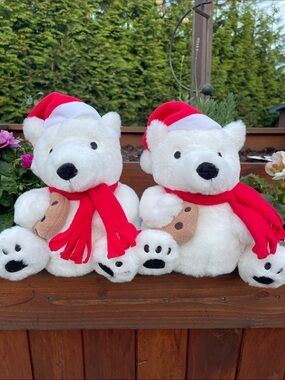 aerie White Plush Polar Bear Slippers with Red Scarves and Santa Hats